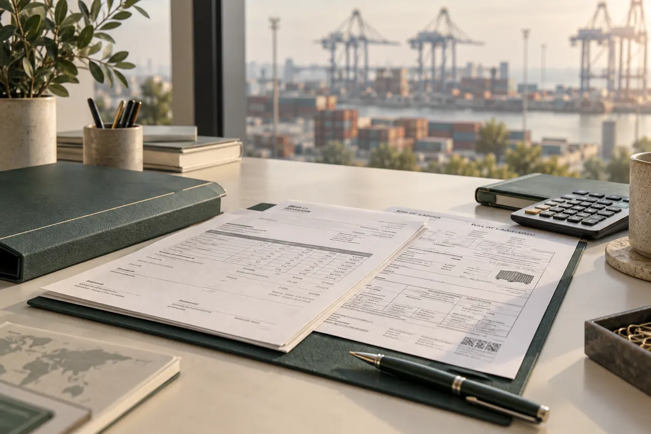 Shipping paperwork and a calculator on a desk overlooking a container port