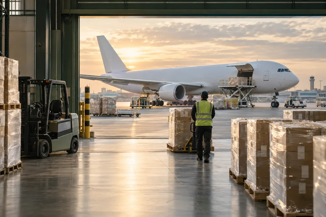 Palletised freight in a consolidation warehouse beside an air cargo apron