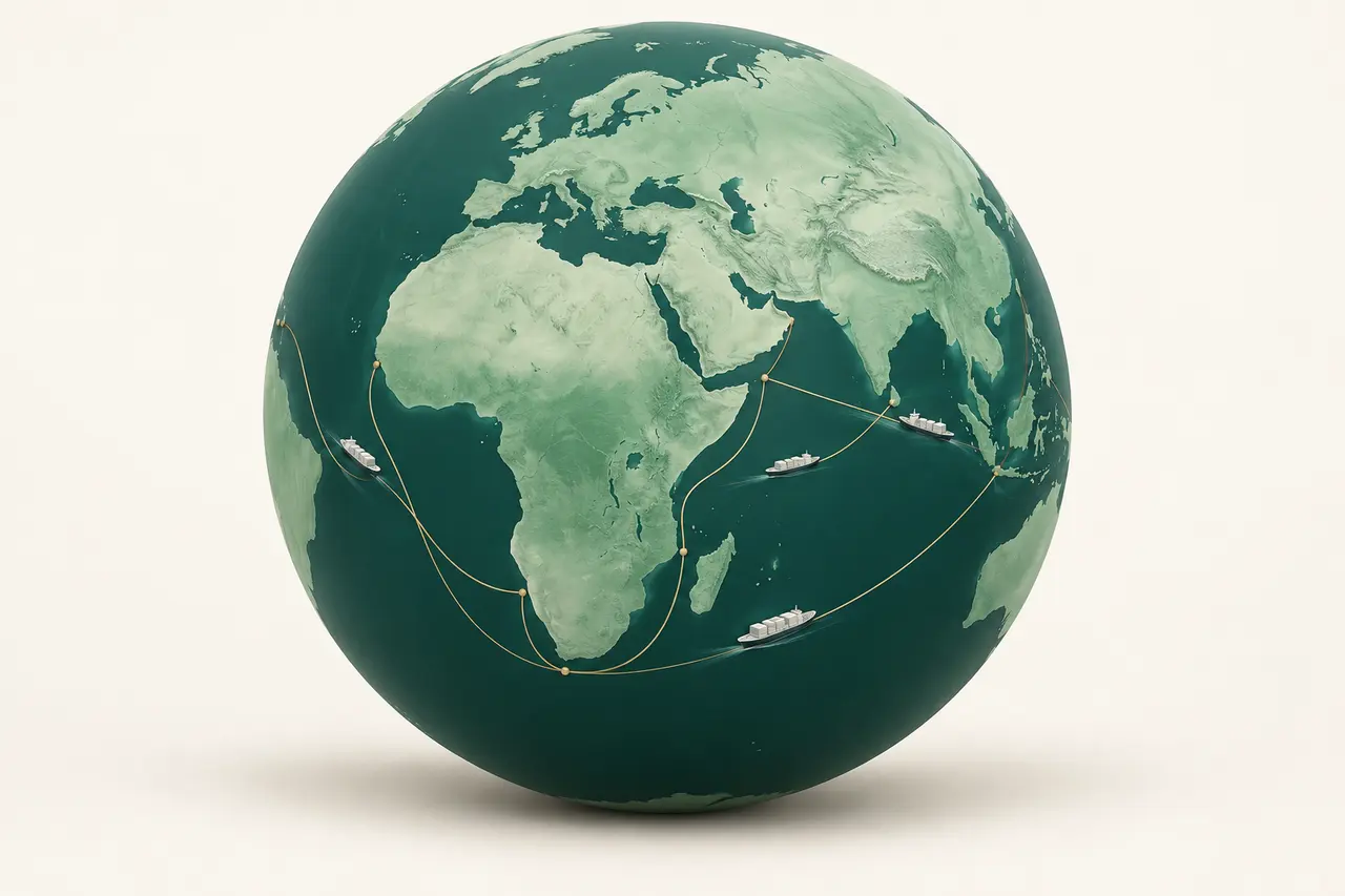 Illustrative globe with ships travelling between ocean ports