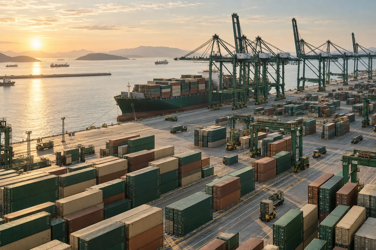 Container terminal with organised stacks, gantry cranes and a docked cargo vessel